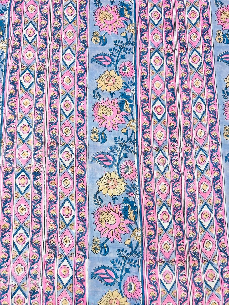 Indian Block Print Cotton Fabric - Pink & Blue