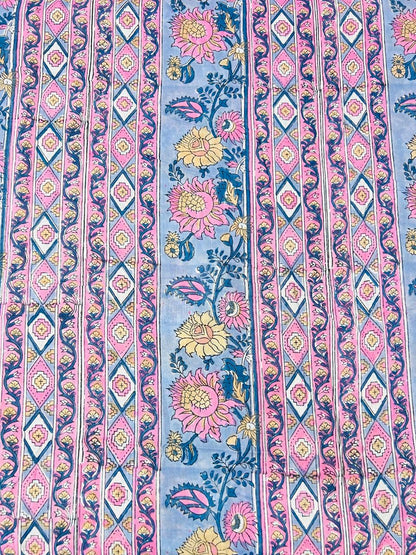 Indian Block Print Cotton Fabric - Pink & Blue