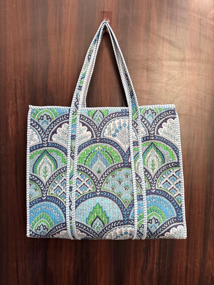 Large Quilted Tote Bag With Zip - Blue & Green Scallop