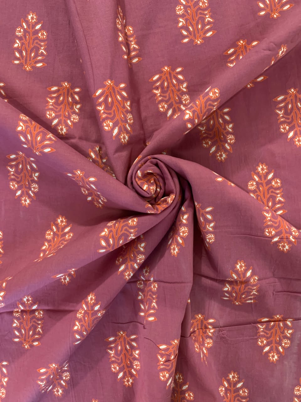 Indian Block Print Cotton Fabric - Deep Pink With Orange Floral Motif
