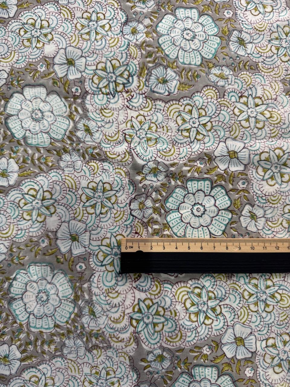Indian Block Print Cotton Fabric - Khaki Retro Floral