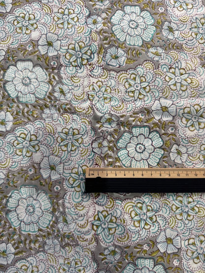 Indian Block Print Cotton Fabric - Khaki Retro Floral