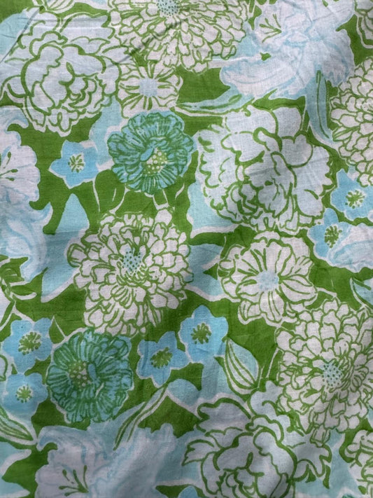 Cotton Screen Print Fabric - Green, White & Turquoise Floral