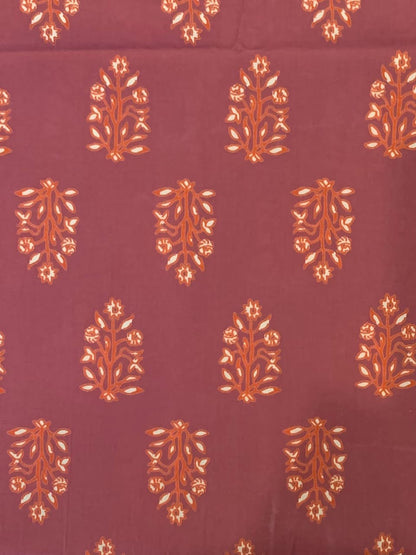 Indian Block Print Cotton Fabric - Deep Pink With Orange Floral Motif