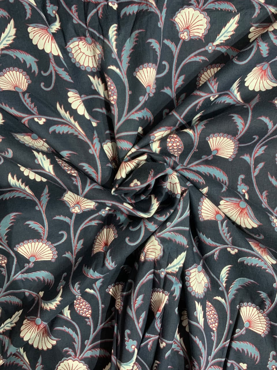 100% Indian Cotton Fabric - Navy With Sky Blue, White & Red Floral