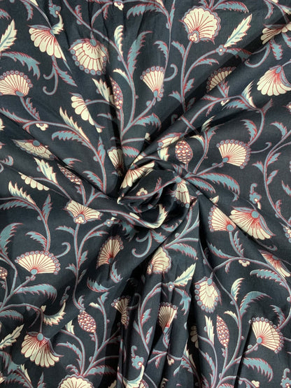 100% Indian Cotton Fabric - Navy With Sky Blue, White & Red Floral