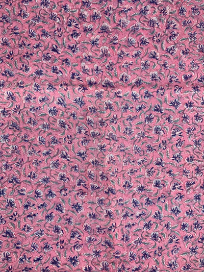Indian Block Print Cotton Fabric - Pink With Purple Floral