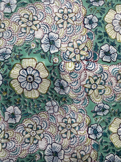 Indian Block Print Cotton Fabric - Green Retro Floral