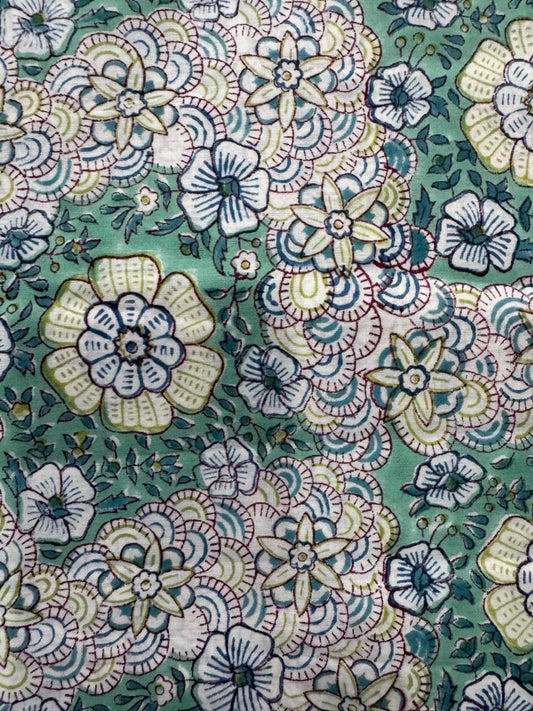 Indian Block Print Cotton Fabric - Green Retro Floral