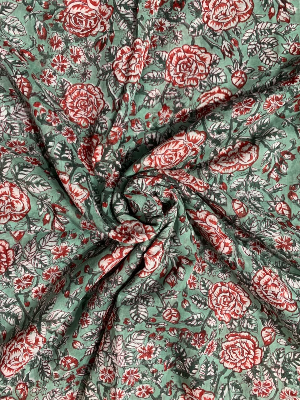 Indian Block Print Cotton Fabric - Turquoise With Red Roses