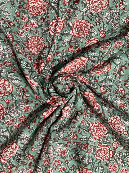 Indian Block Print Cotton Fabric - Turquoise With Red Roses