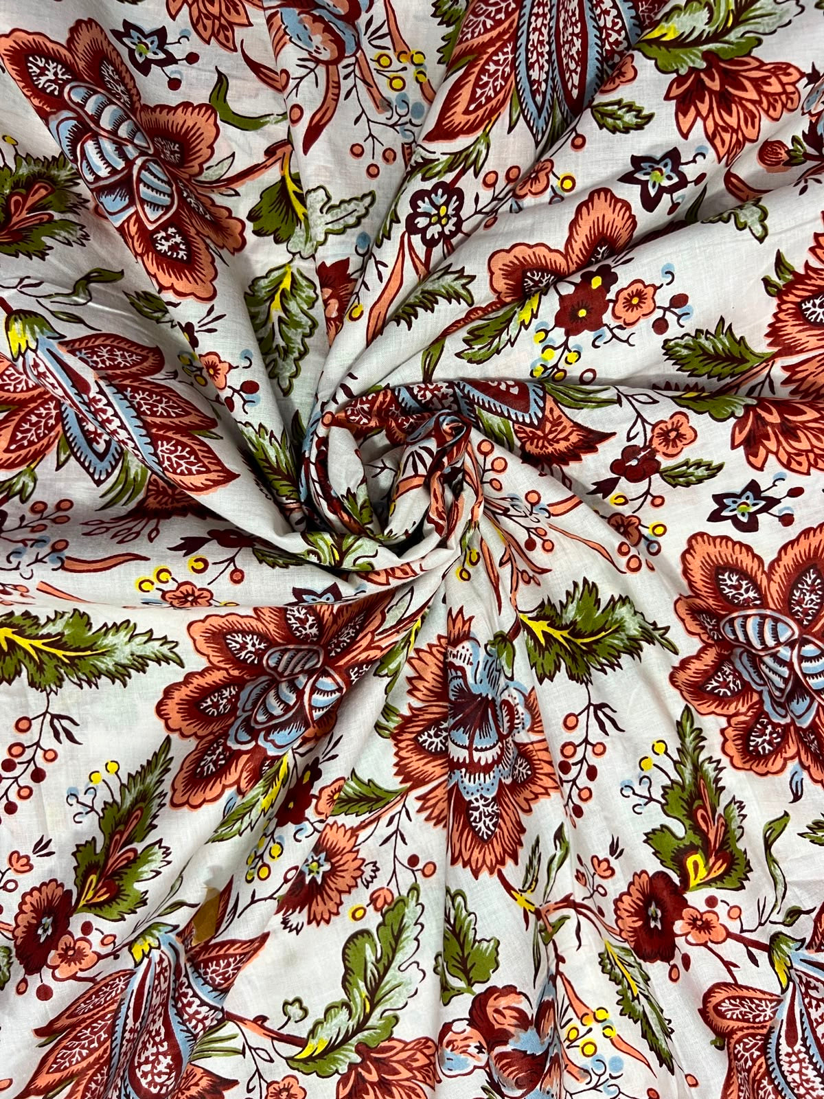 100% Indian Cotton Fabric - Autumn Floral on White