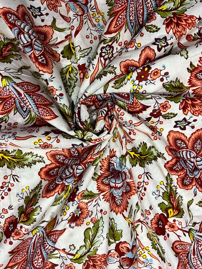 100% Indian Cotton Fabric - Autumn Floral on White