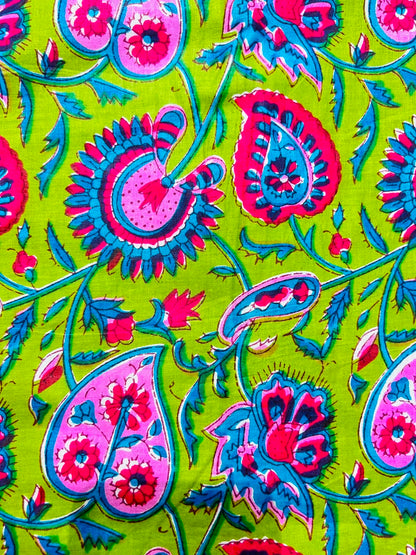 Cotton Screen Print Fabric - Bright Green Paisley