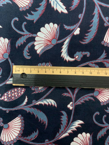 100% Indian Cotton Fabric - Navy With Sky Blue, White & Red Floral