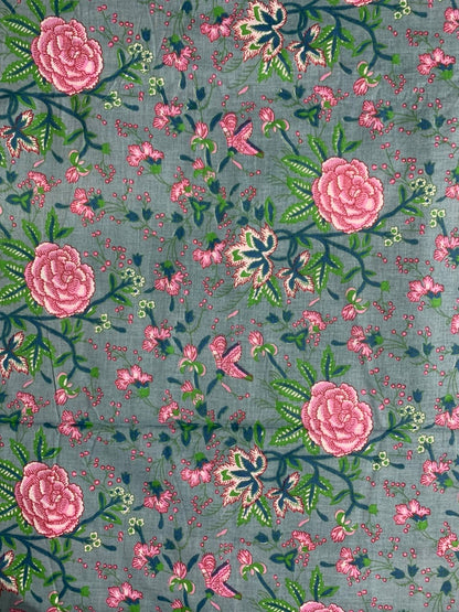 100% Indian Cotton Fabric - Turquoise With Pink Roses