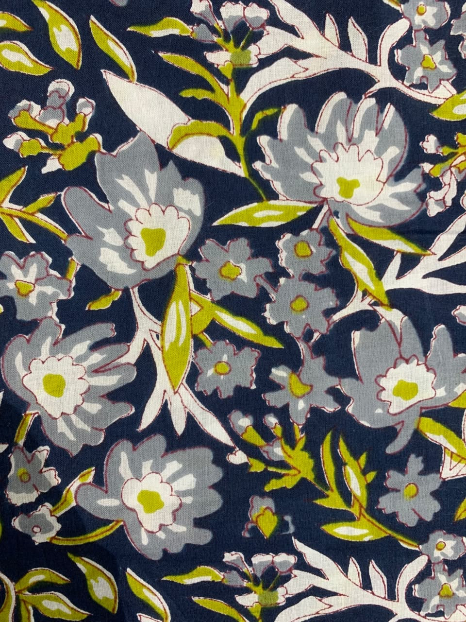 100% Indian Cotton Fabric - Navy With Grey Floral