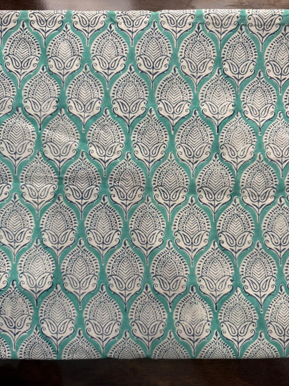 Indian Block Print Cotton Fabric - Turquoise With Paisley