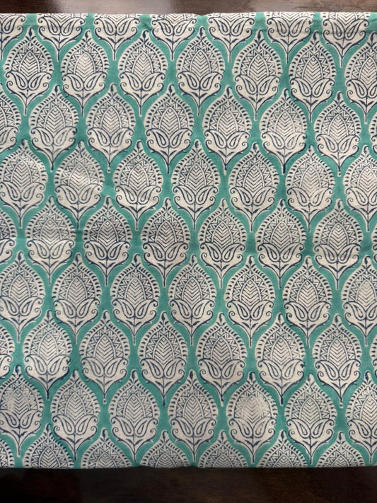 Indian Block Print Cotton Fabric - Turquoise With Paisley