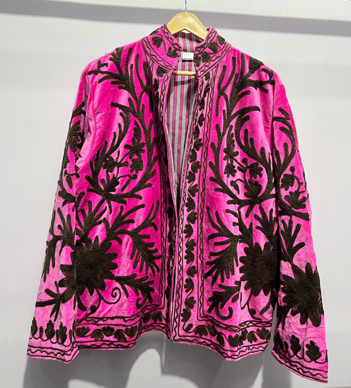 Suzani Embroidered Velvet Jacket - Hot Pink With Brown Floral