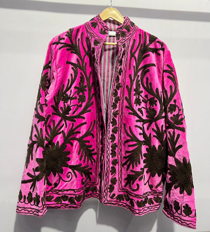 Suzani Embroidered Velvet Jacket - Hot Pink With Brown Floral
