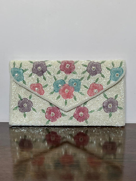 Beaded bag - Pastel Blue & Pink Floral