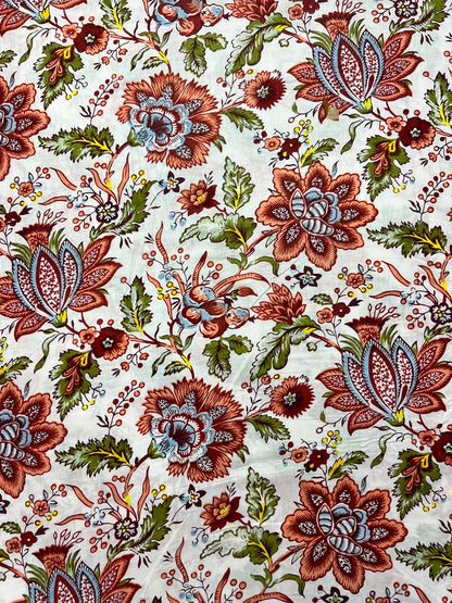 100% Indian Cotton Fabric - Autumn Floral on White