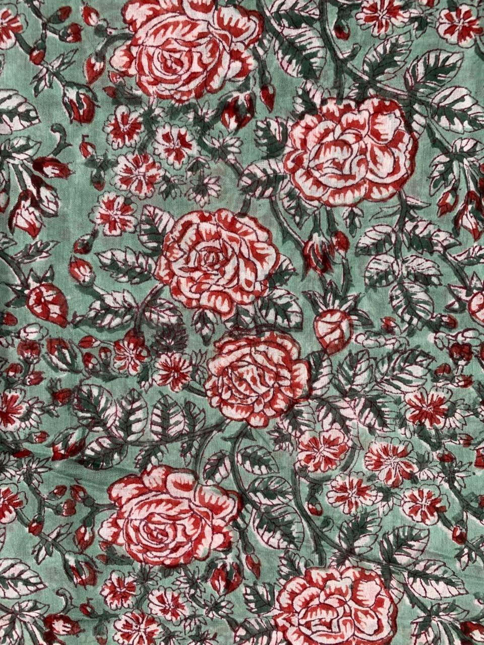 Indian Block Print Cotton Fabric - Turquoise With Red Roses