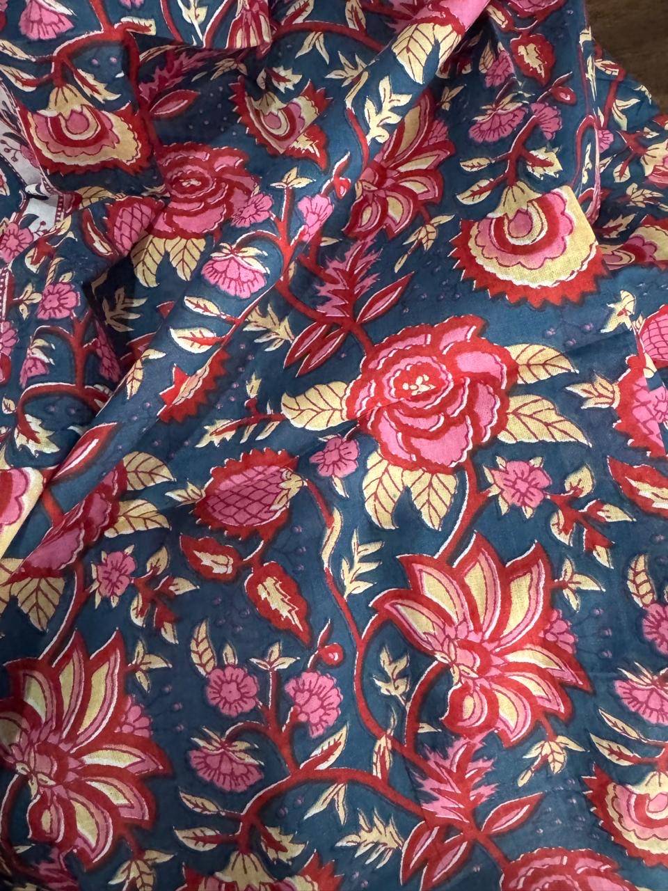 Block Print Cotton Sarong - Blue & Red Floral
