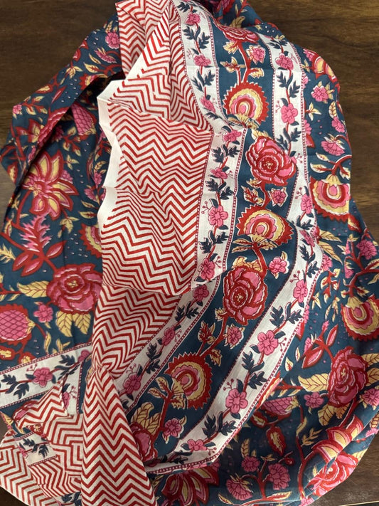 Block Print Cotton Sarong - Blue & Red Floral