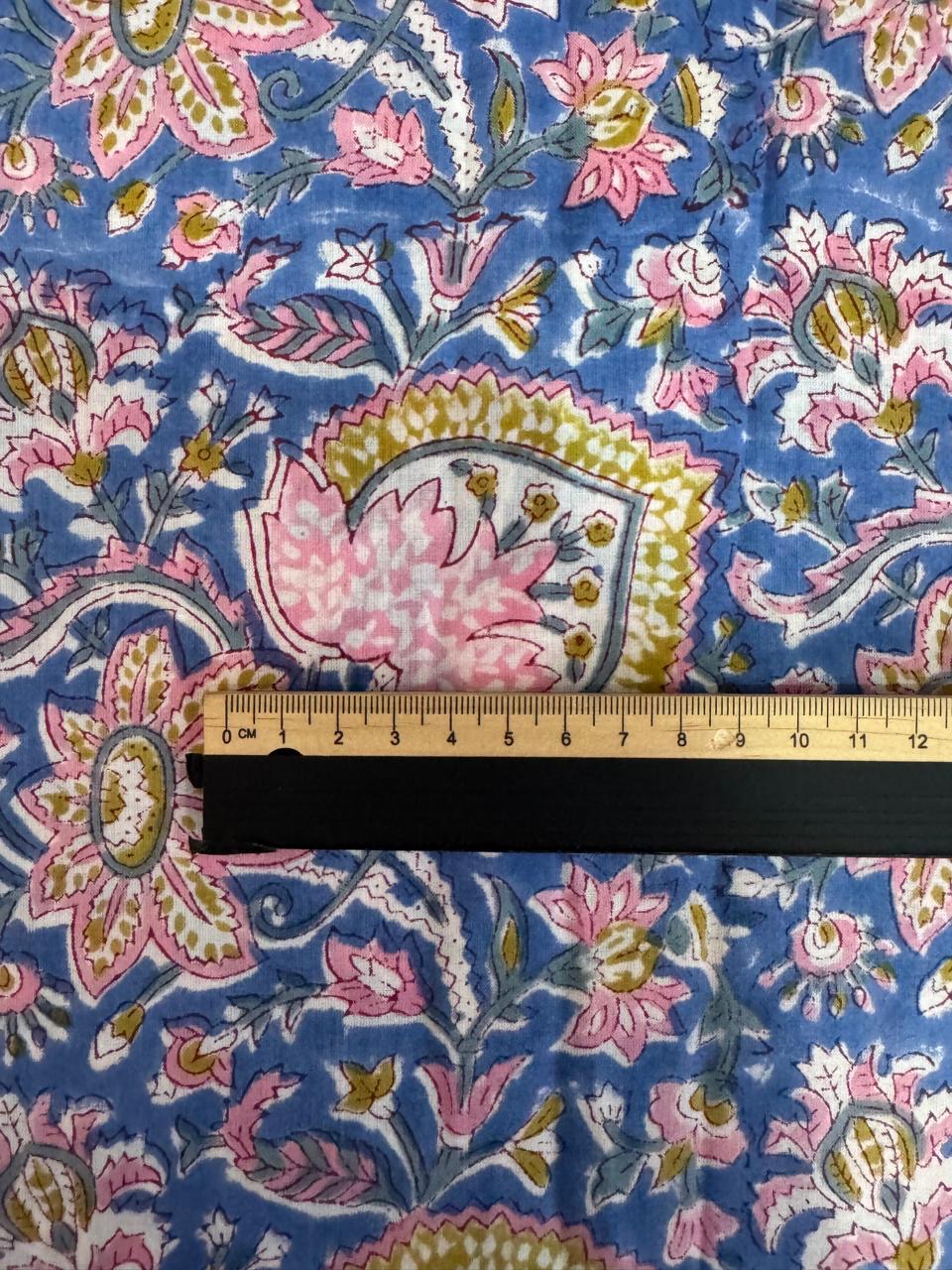 Indian Block Print Cotton Fabric - Blue floral with pink