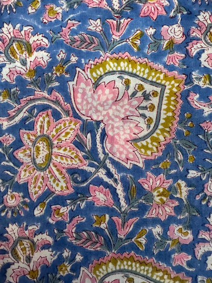 Indian Block Print Cotton Fabric - Blue floral with pink