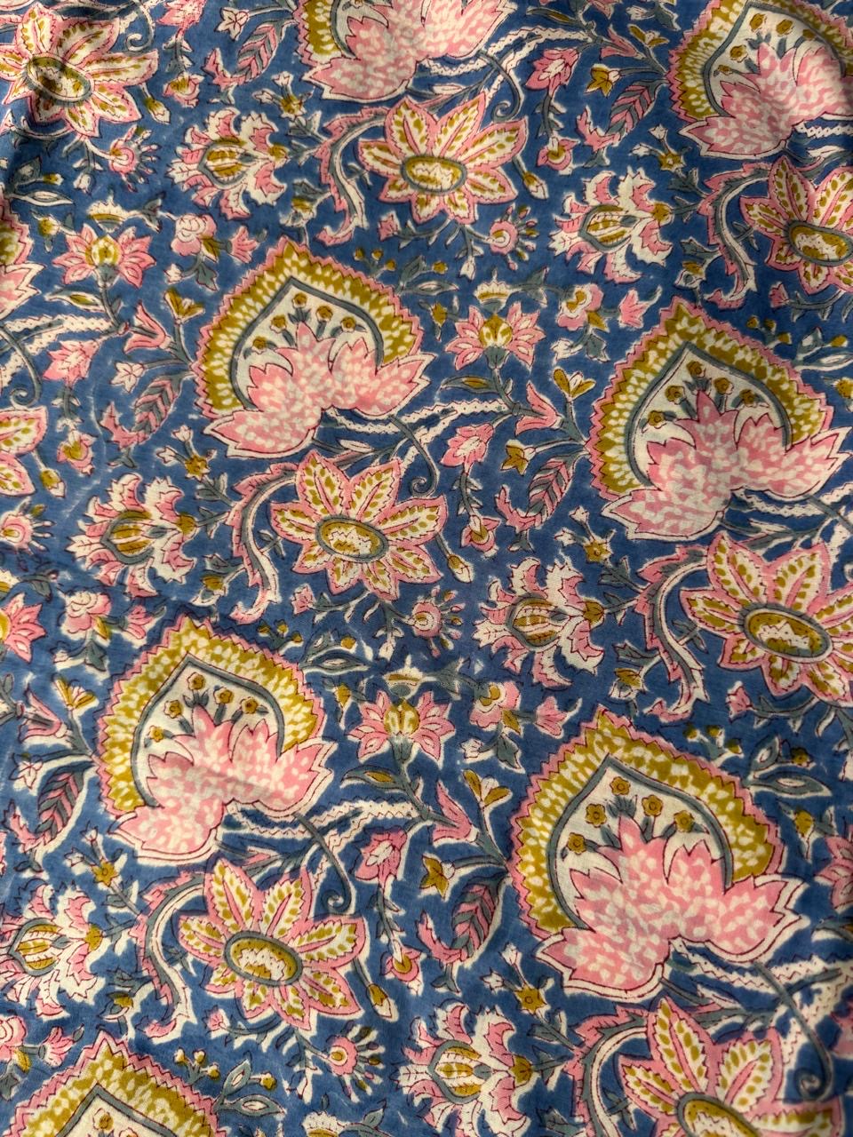 Indian Block Print Cotton Fabric - Blue floral with pink