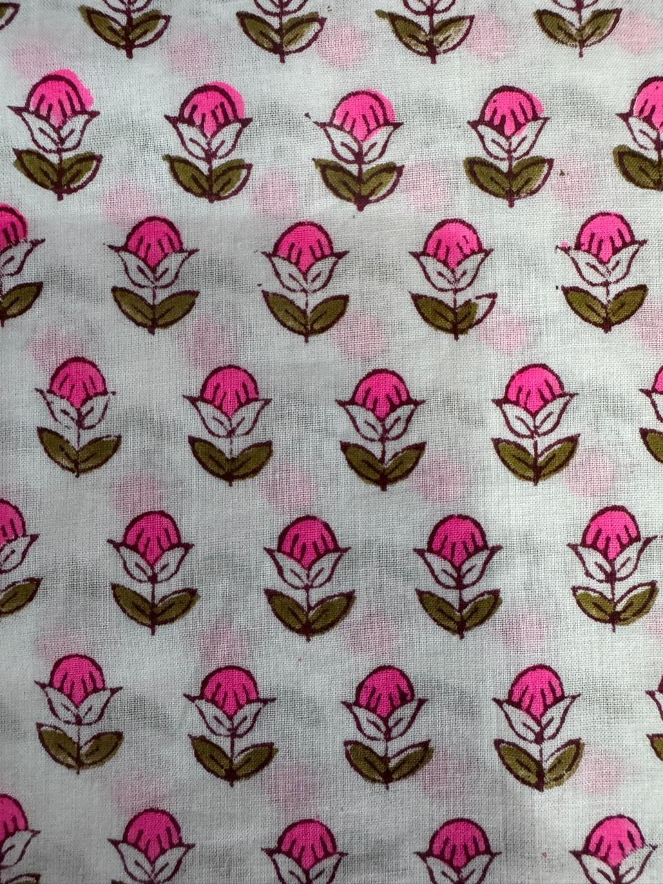 Indian Block Print Cotton Fabric - Vibrant Small Pink Floral On White Background