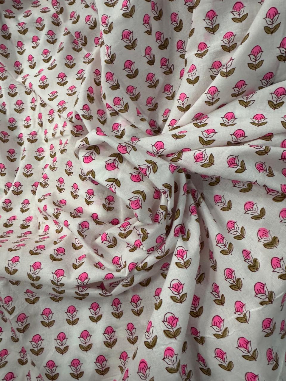 Indian Block Print Cotton Fabric - Vibrant Small Pink Floral On White Background