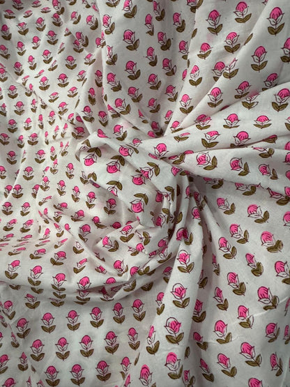 Indian Block Print Cotton Fabric - Vibrant Small Pink Floral On White Background