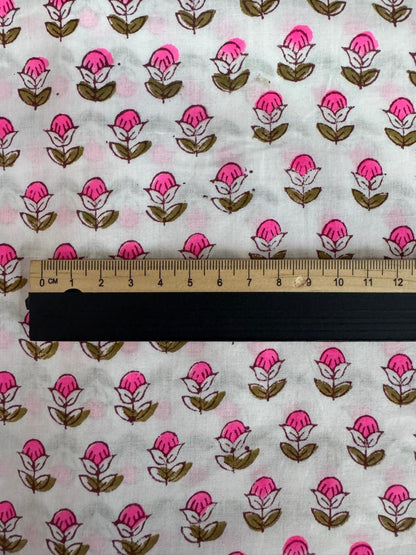 Indian Block Print Cotton Fabric - Vibrant Small Pink Floral On White Background