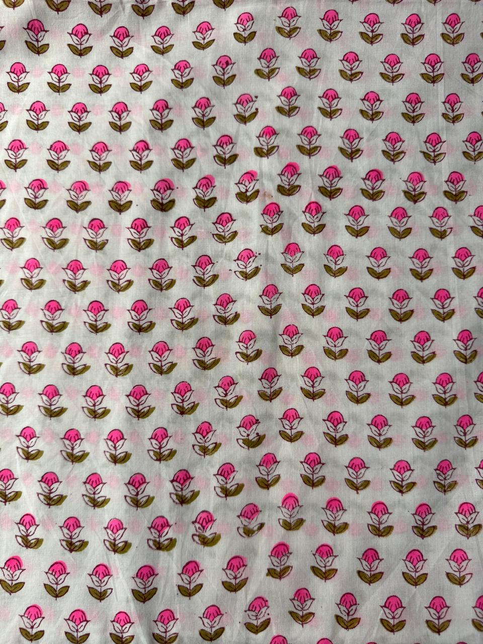 Indian Block Print Cotton Fabric - Vibrant Small Pink Floral On White Background