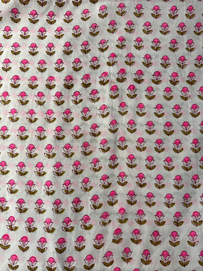 Indian Block Print Cotton Fabric - Vibrant Small Pink Floral On White Background