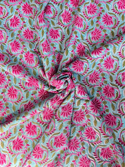 Indian Block Print Cotton Fabric - Blue with Vibrant Pink Floral