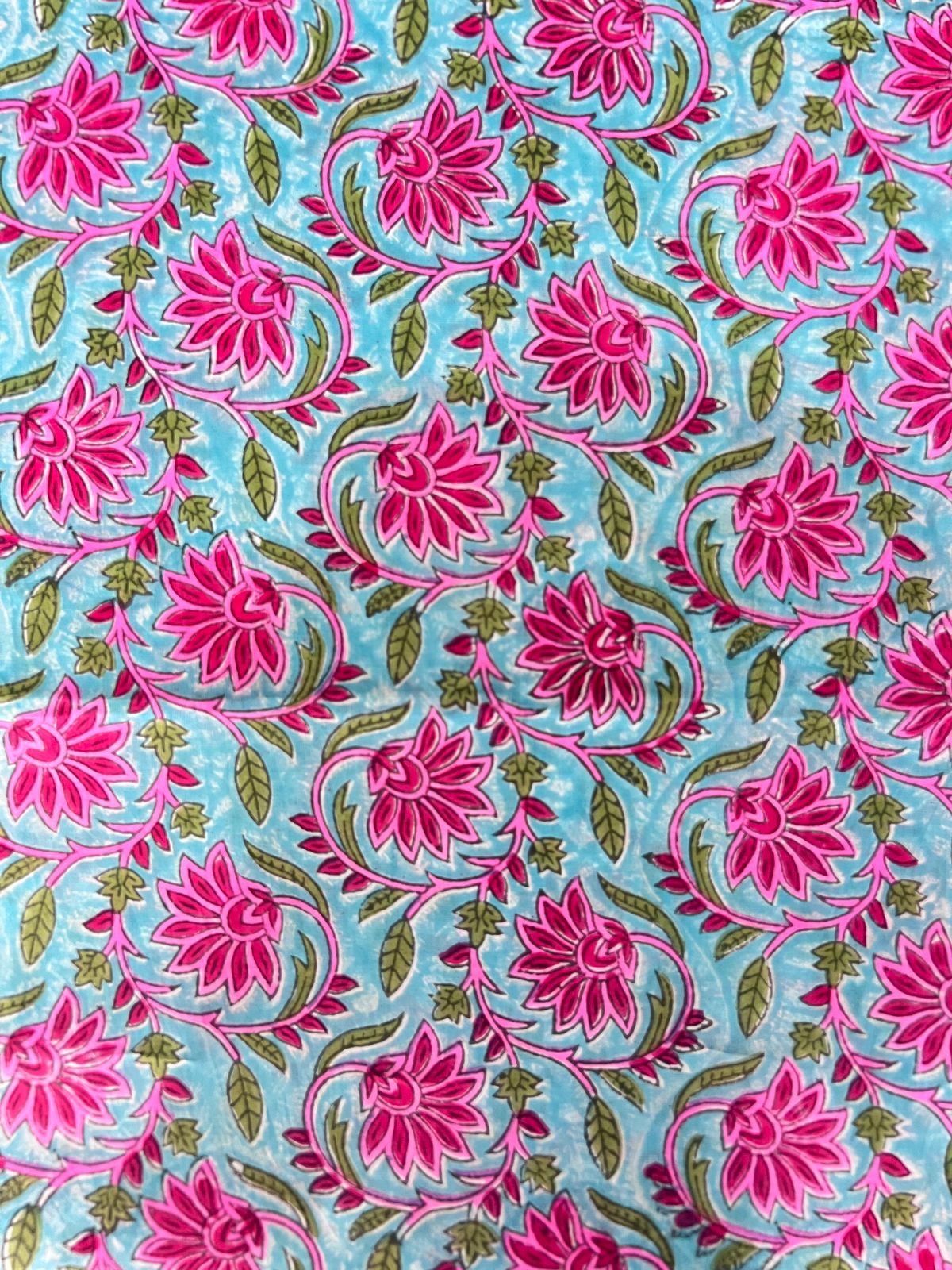 Indian Block Print Cotton Fabric - Blue with Vibrant Pink Floral