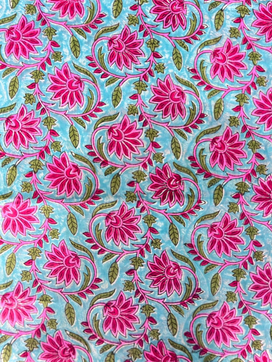 Indian Block Print Cotton Fabric - Blue with Vibrant Pink Floral