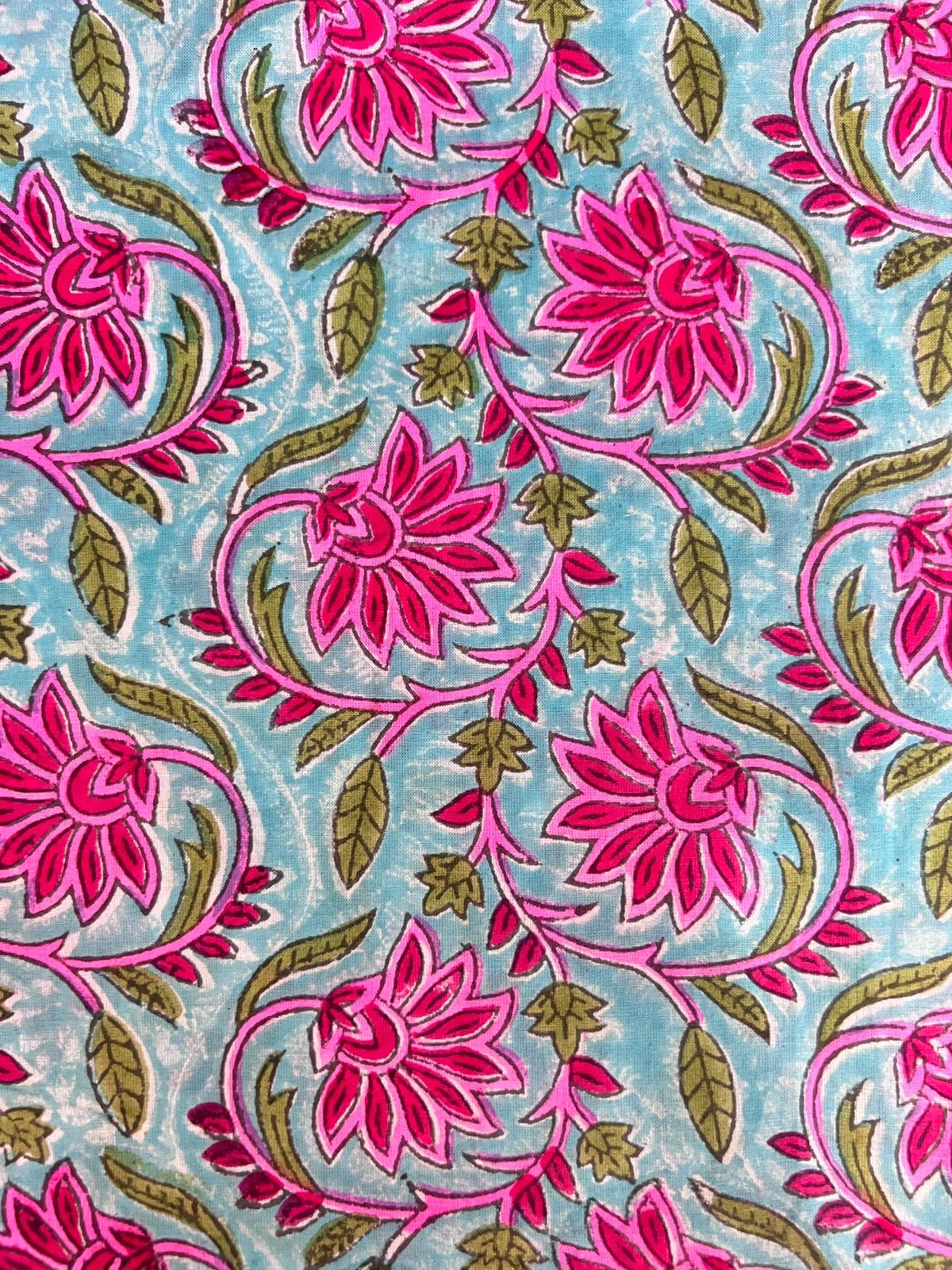 Indian Block Print Cotton Fabric - Blue with Vibrant Pink Floral