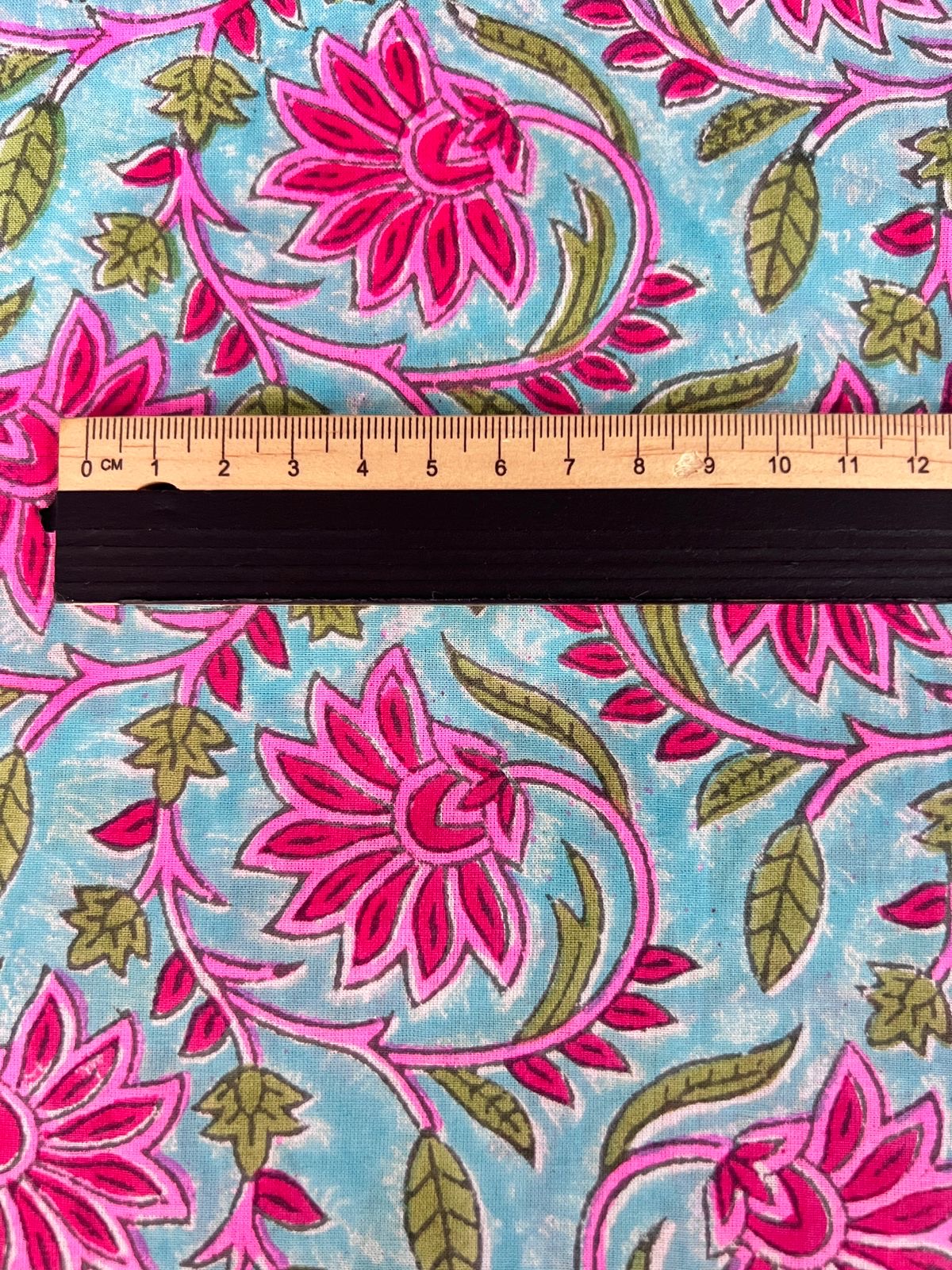Indian Block Print Cotton Fabric - Blue with Vibrant Pink Floral
