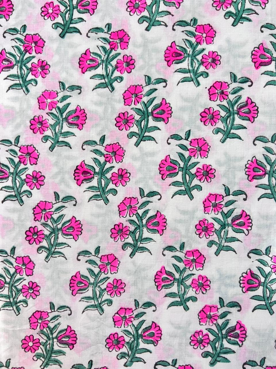Indian Block Print Cotton Fabric - Vibrant Pink Floral On White Background
