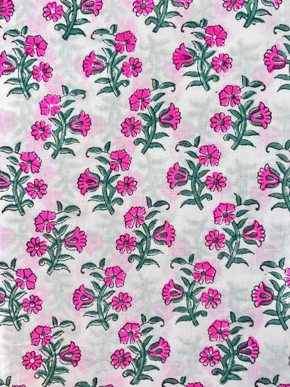 Indian Block Print Cotton Fabric - Vibrant Pink Floral On White Background