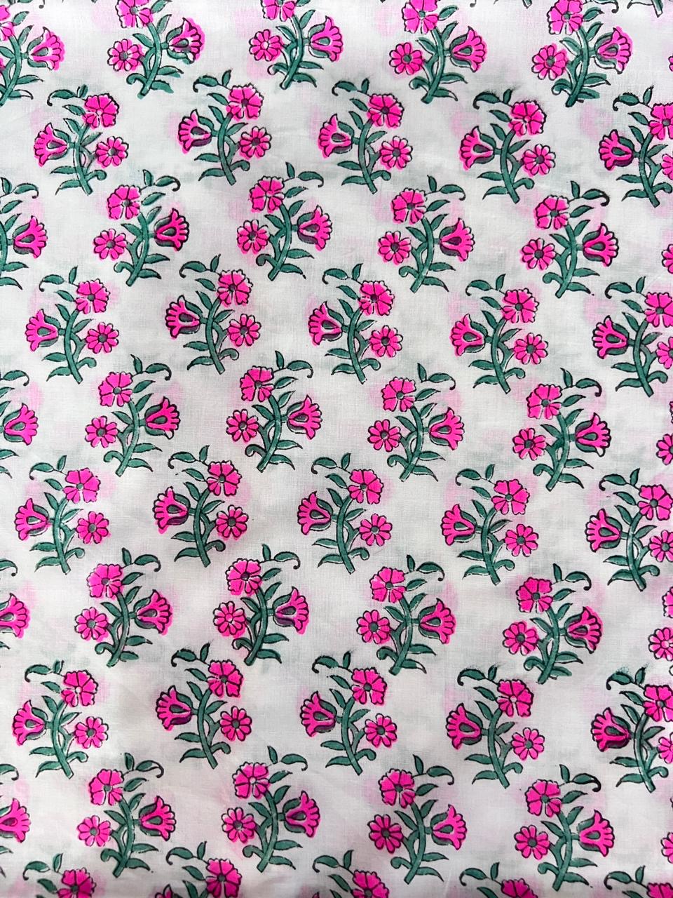 Indian Block Print Cotton Fabric - Vibrant Pink Floral On White Background