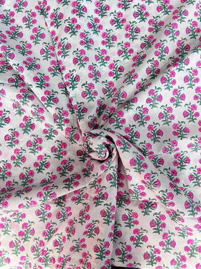 Indian Block Print Cotton Fabric - Vibrant Pink Floral On White Background
