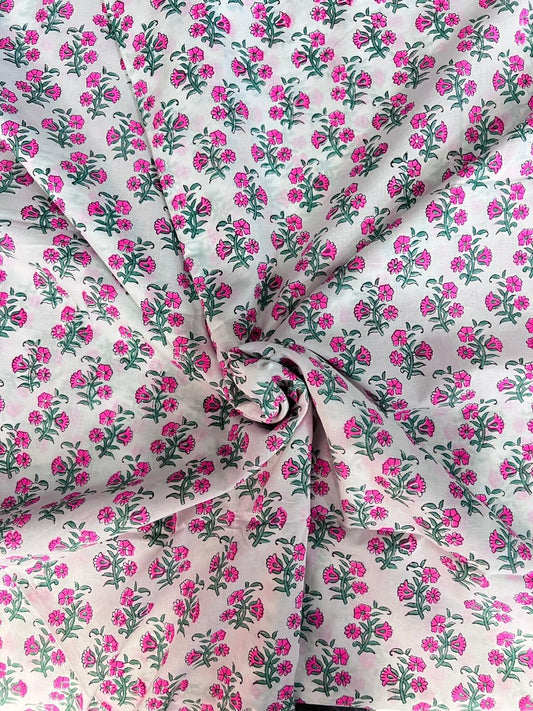 Indian Block Print Cotton Fabric - Vibrant Pink Floral On White Background