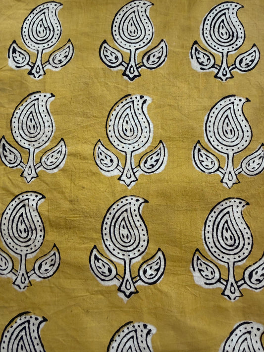 Indian Block Print Cotton Fabric - Yellow With Paisley